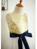 Gold Sequin Ivory Tulle Deep V Back Knee Length Flower Girl Dress 